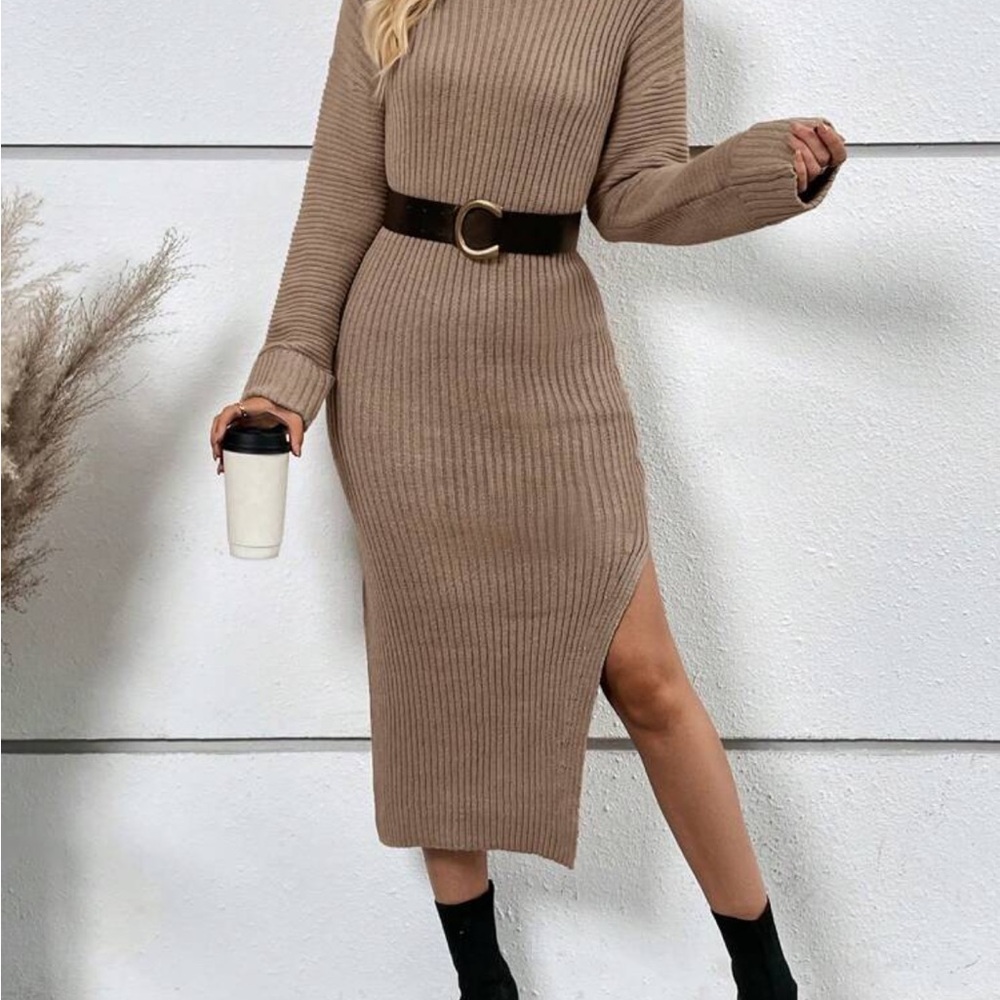 Elegant Tan Ribbed Knit Dress